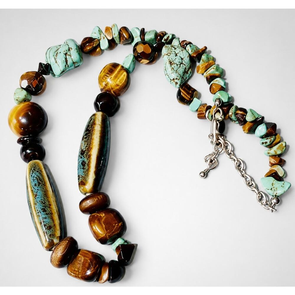Vintage Southwestern Necklace Tiger Eye Turquoise Pottery Stone 17"‎ blu258